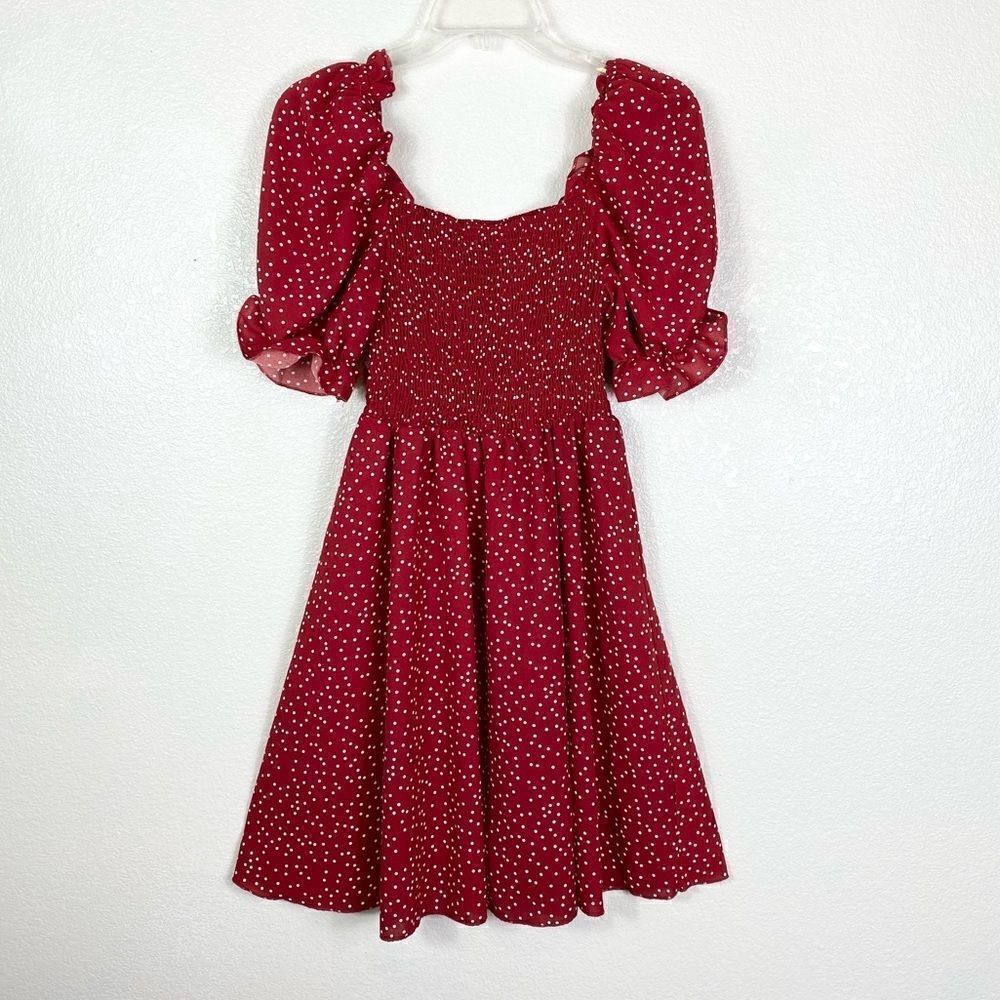 Shein Red & White Polka Dot Smocked Puff Sleeve Dress